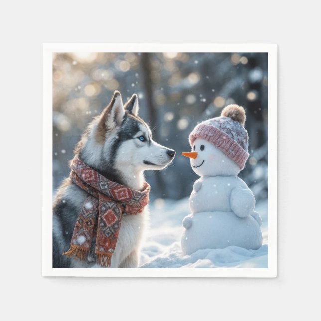 Serviette En Papier Sibérien Husky regarde un bonhomme de neige (Devant)