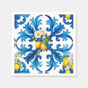 Serviette En Papier sicilien, été, citron, mosaïque, bleu,