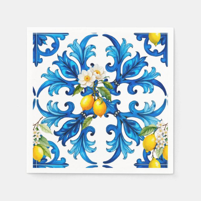 Serviette En Papier sicilien, été, citron, mosaïque, bleu, (Devant)