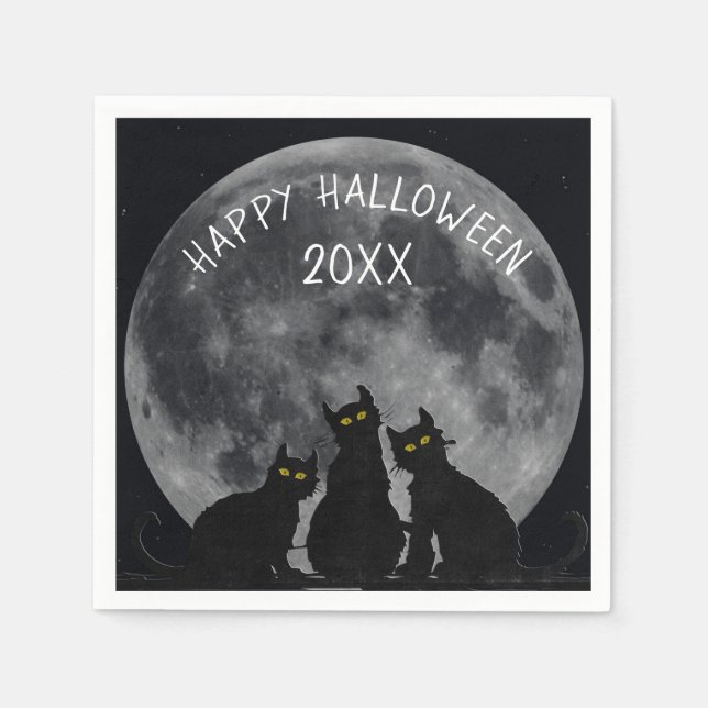 Serviette En Papier Silhouettes de lune d'Halloween et de chat noir (Devant)