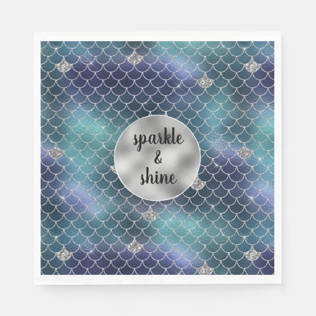 Serviette En Papier Silver Aqua Blue Mermaid Glitz (Devant)