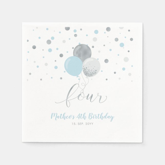 Serviette En Papier Silver & Blue Balloons Confetti Boy 4e anniversair (Devant)