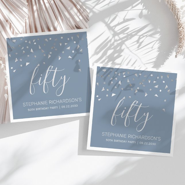 Serviette En Papier Silver Confetti Dusty Blue 50e fête d'anniversaire (Créateur téléchargé)