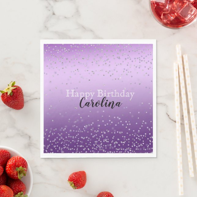 Serviette En Papier Silver Confetti Purple Ombre nom (En situation)