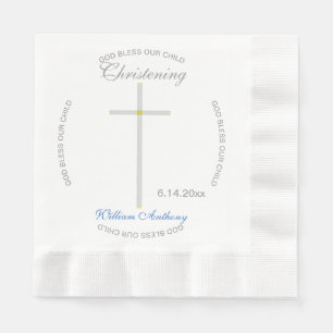 Serviette En Papier Silver Cross Christening Blue Baby Name