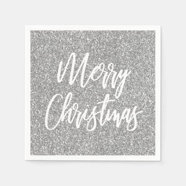 Serviette En Papier Silver Faux Parties scintillant Joyeux Noël Callig (Devant)