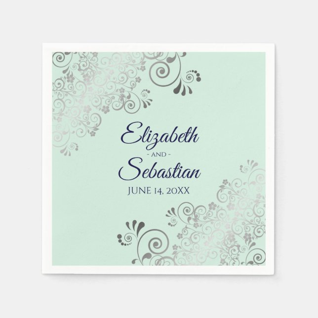 Serviette En Papier Silver Filigree Elegant Mint Green & Navy Mariage (Devant)