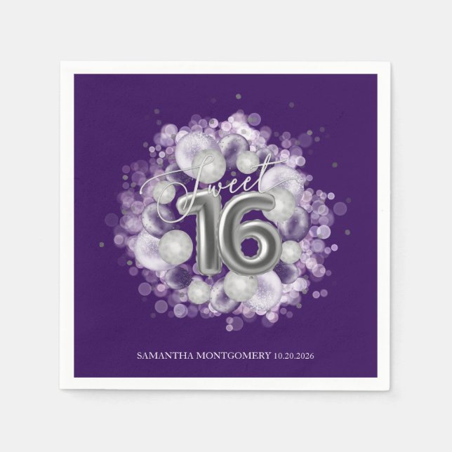 Serviette En Papier Silver Foil Sweet 16 Anniversaires Ballons Party P (Devant)