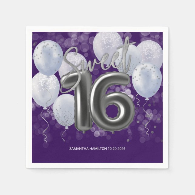 Serviette En Papier Silver Foil Sweet 16 Anniversaires Ballons Party P (Devant)