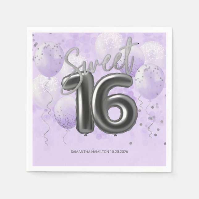Serviette En Papier Silver Foil Sweet 16 Ballons Anniversaires Lavande (Devant)
