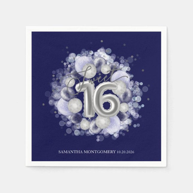 Serviette En Papier Silver Foil Sweet 16 Ballons Anniversaires Royal B (Devant)
