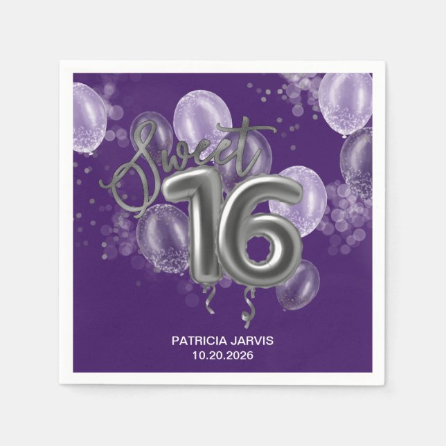 Serviette En Papier Silver Foil Sweet 16 Ballons d'anniversaire violet (Devant)