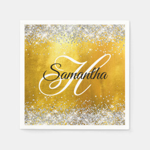 Serviette En Papier Silver Glittery Gold Foil Fancy Monogramme