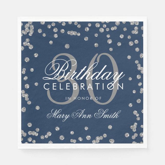 Serviette En Papier Silver Navy Blue 30th Birthday Parties scintillant (Devant)
