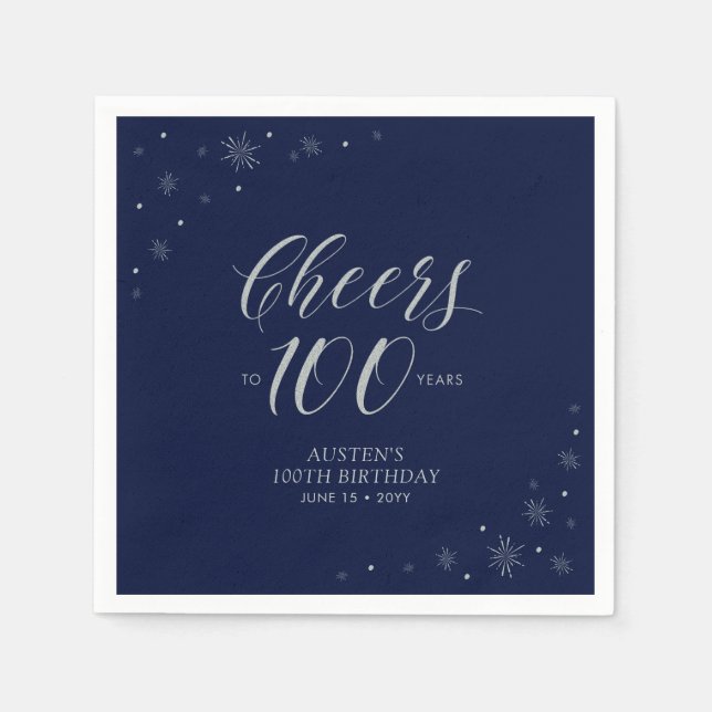 Serviette En Papier Silver & Navy Blue Cheers 100e fête d'anniversaire (Devant)