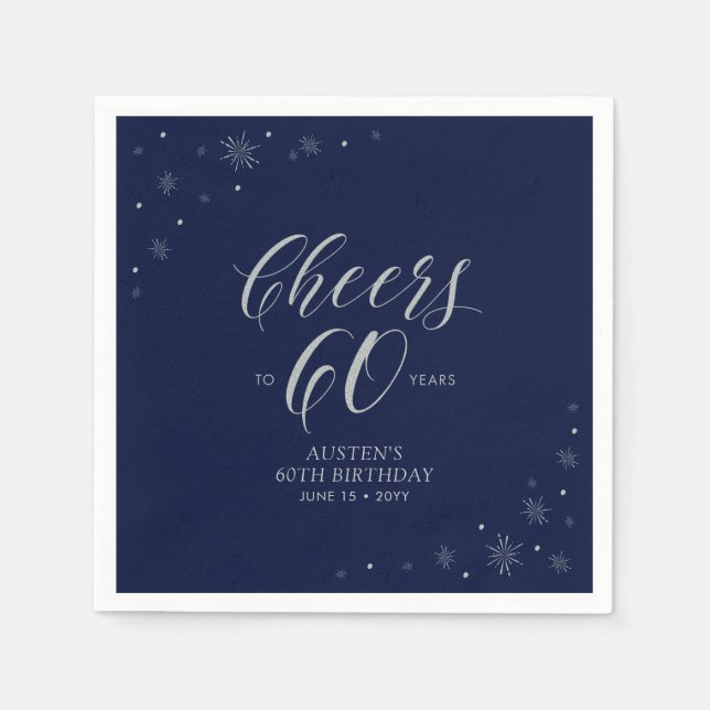Serviette En Papier Silver & Navy Blue Cheers 60e fête d'anniversaire (Devant)