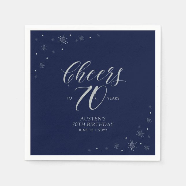 Serviette En Papier Silver & Navy Blue Cheers 70e fête d'anniversaire (Devant)