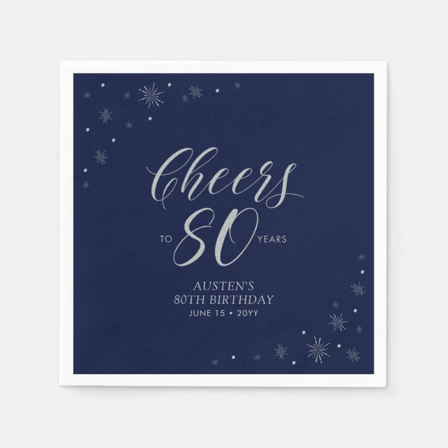 Serviette En Papier Silver & Navy Blue Cheers 80e fête d'anniversaire (Devant)