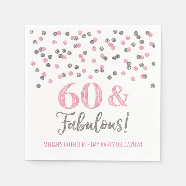Serviette En Papier Silver Pink Confetti 60 & Fabulous (Devant)