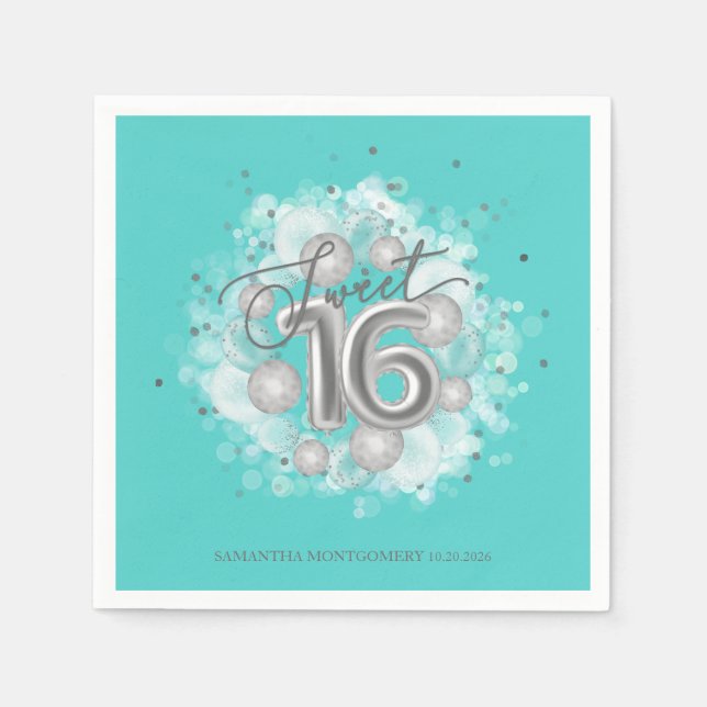 Serviette En Papier Silver Sweet 16 Anniversaire Balloons Party Turquo (Devant)