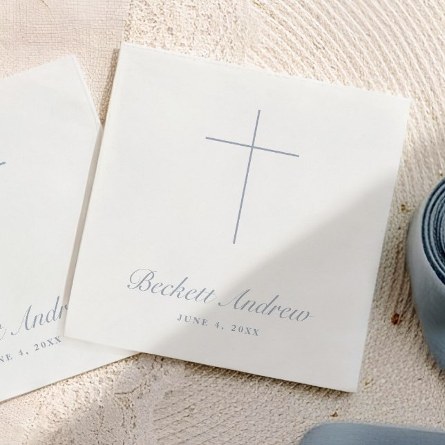 Serviette En Papier Simple Baptême Croix Bleu Poussiéreux Écriture (Simple Dusty Blue Cross Script Baptism, Christening or First Holy Communion Napkins.)