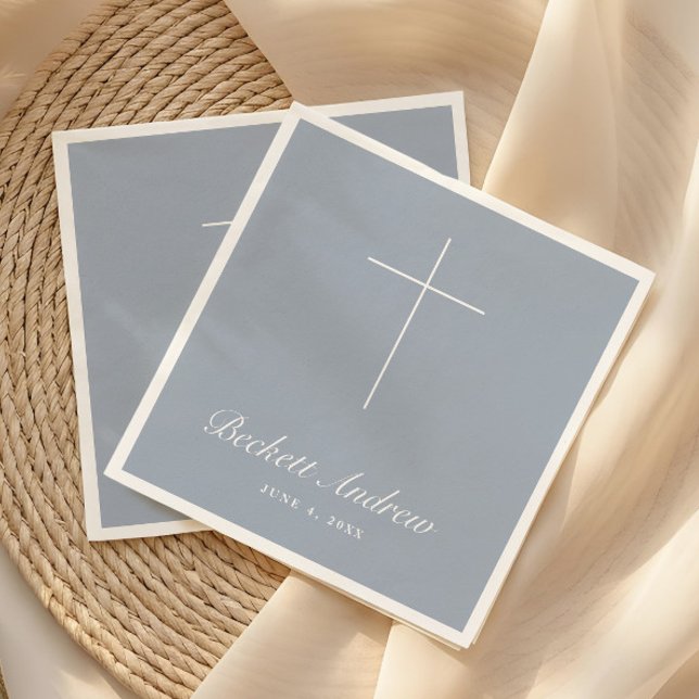 Serviette En Papier Simple Baptême Croix Bleu Poussiéreux Script (Simple Dusty Blue Cross Script Baptism, Christening or First Holy Communion Napkins.)