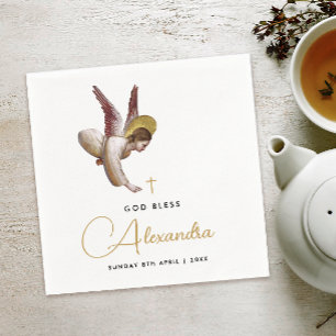 Serviette En Papier Simple Blanc Or Angel Bless Baptême Calligraphie