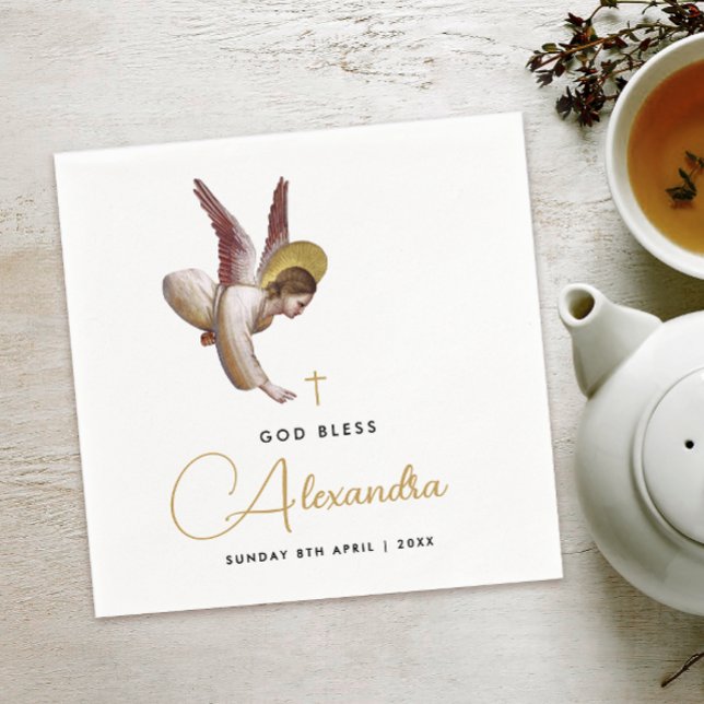 Serviette En Papier Simple Blanc Or Angel Bless Baptême Calligraphie (Créateur téléchargé)