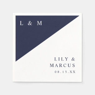 Serviette En Papier Simple Bleu Marine Blanc Élégant Monogramme Mariag