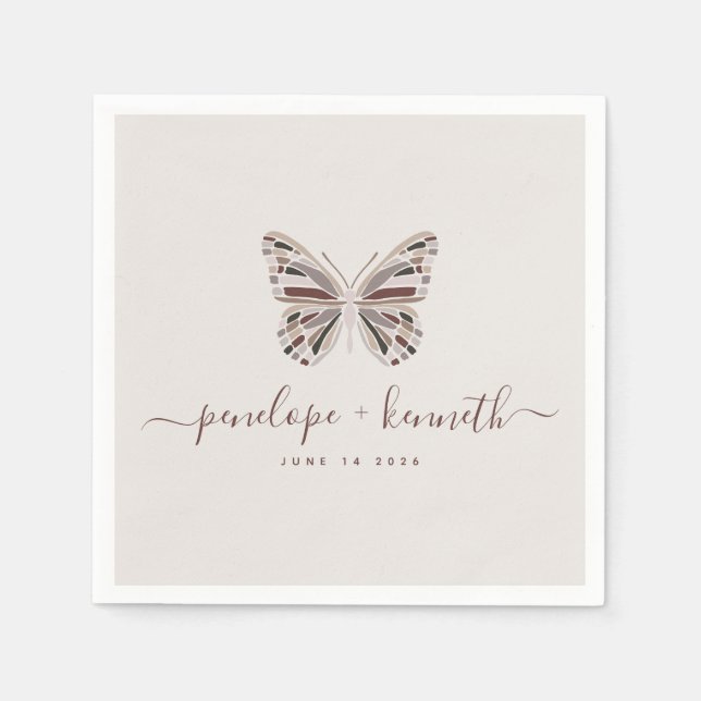 Serviette En Papier Simple Boho Butterfly Burgundy Taupe Mariage (Devant)