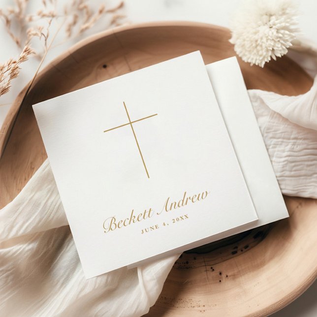 Serviette En Papier Simple Croix d'Or Script Baptême (Simple Gold Cross Script Baptism, Christening or First Holy Communion Napkins.)