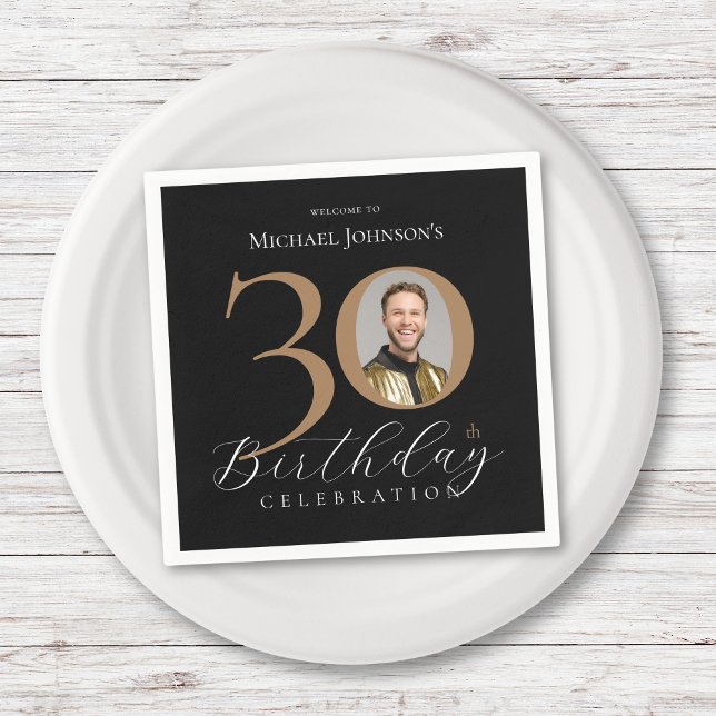 Serviette En Papier Simple Elegant Black Gold Photo 30e anniversaire (Simple Elegant Black Gold Photo 30th Birthday Napkins)