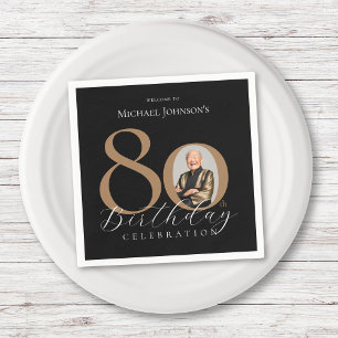 Serviette En Papier Simple Elegant Black Gold Photo 80e anniversaire