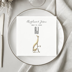 Serviette En Papier Simple Elegant Gold Chien noir et blanc Mariage