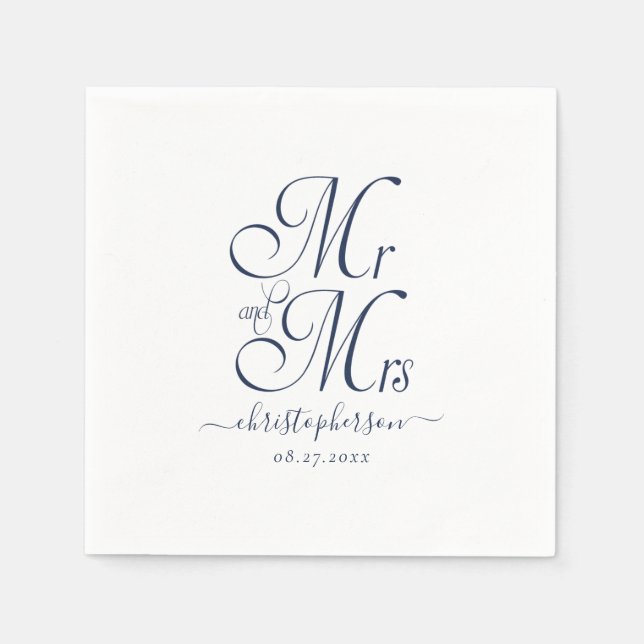 Serviette En Papier Simple Elegant M. et Mme Marine Mariage de script  (Devant)