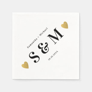 Serviette En Papier Simple Élégant Monogramme Cœurs Dorés Fête