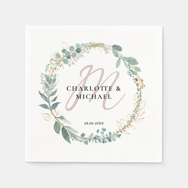 Serviette En Papier Simple, élégant, monogramme mariage eucalyptus (Devant)