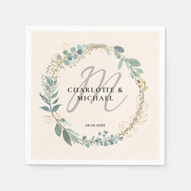 Serviette En Papier Simple, élégant, monogramme mariage eucalyptus (Devant)