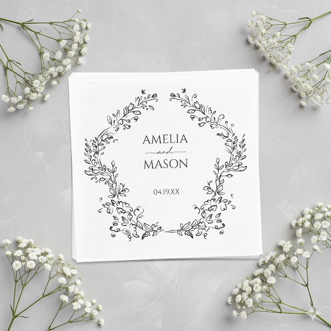 Serviette En Papier Simple Floral Frame Black and White Paper Wedding (Simple Floral Frame Black and White Paper Wedding Napkins)