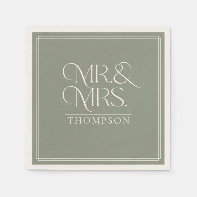 Serviette En Papier Simple M & Mme Green Moss Ecru Livre Mariage (Devant)