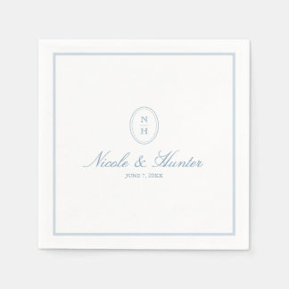 Serviette En Papier Simple Mariage Bleu Poussiéreux Blason Monogramme