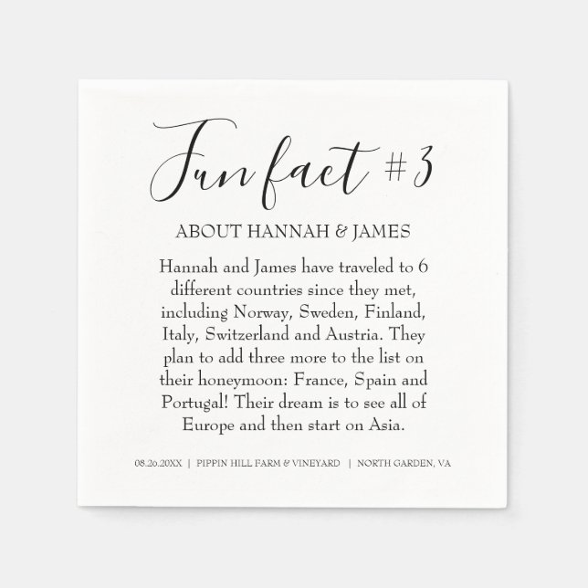 Serviette En Papier Simple moderne Noir & Blanc Fun Fact 3 Mariage (Devant)