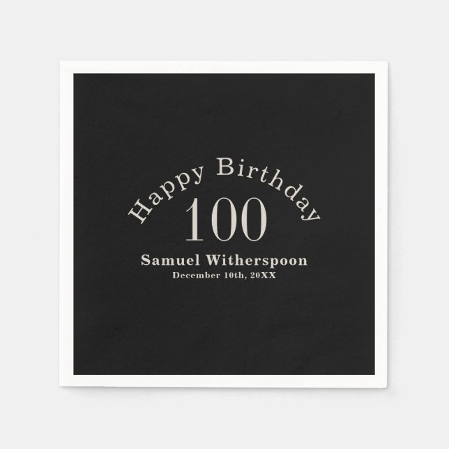 Serviette En Papier Simple noir et écru beige 100e anniversaire (Devant)