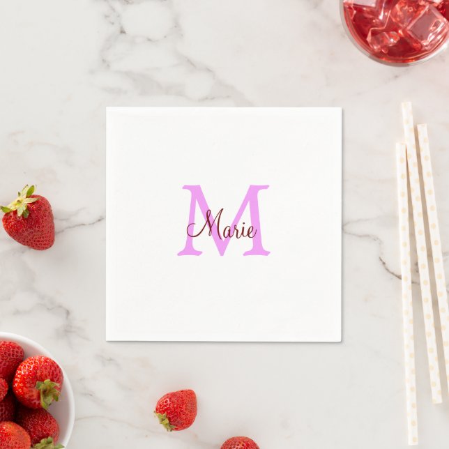 Serviette En Papier simple nom minimal ajouter monogramme rose rouge (En situation)