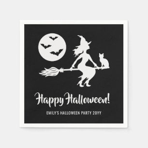 Serviette En Papier Simple Sorcière Sur Un Balai Halloween Noir Et Bla