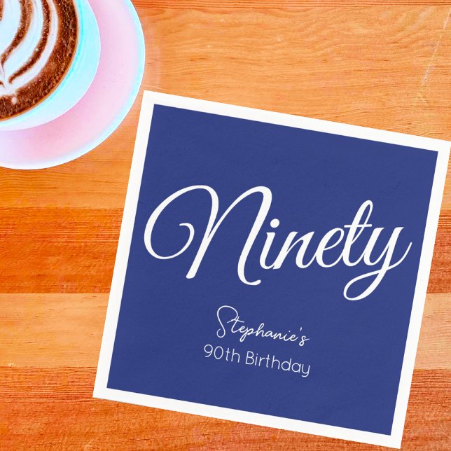 Serviette En Papier Simply Modern Script Navy Blue 90th Birthday Party (Créateur téléchargé)