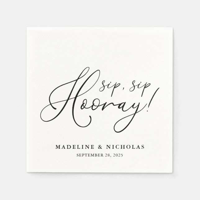 Serviette En Papier Sip Sip Hooray Mariage moderne noir et blanc (Devant)