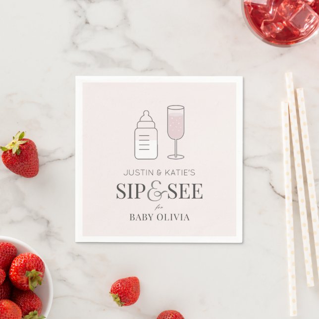 Serviette En Papier Sip & Voir Champagne Bouteille Baby shower rose (En situation)