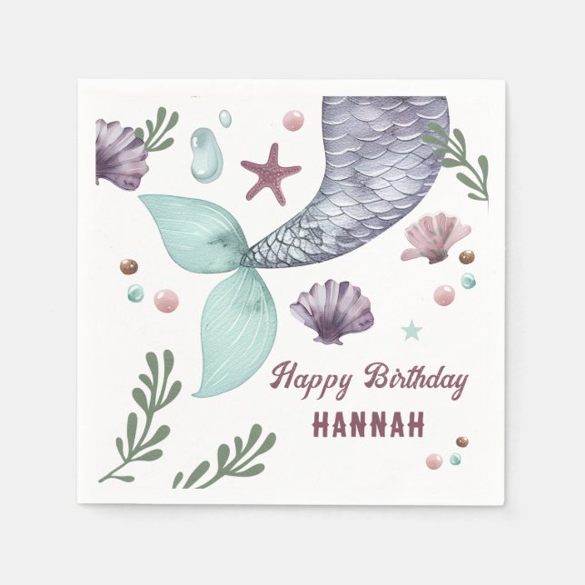 Serviette En Papier Sirène Anniversaire de enfant Mer pourpre (Devant)