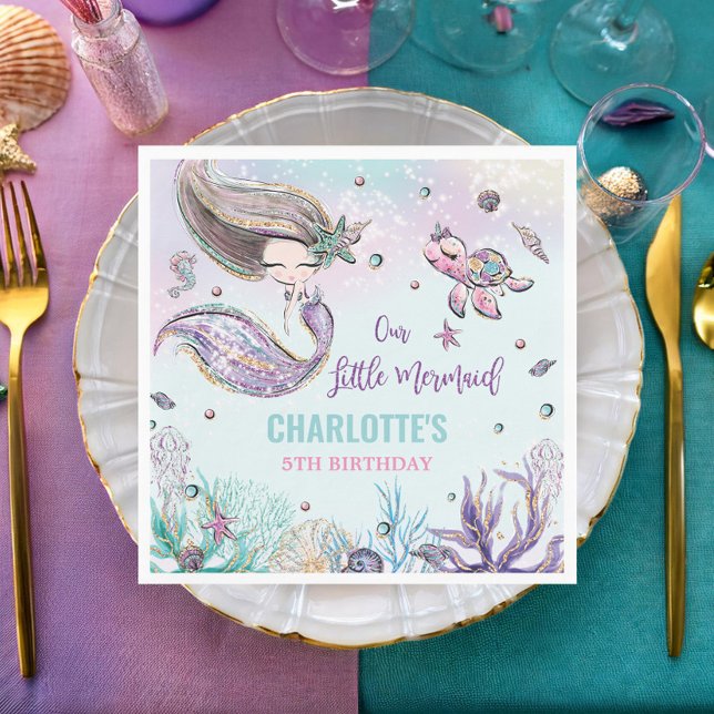 Serviette En Papier Sirène lunaire sous la fête d'anniversaire de la m (cute brunette mermaid sea turtle shells corals under the sea pool birthday party paper napkins )